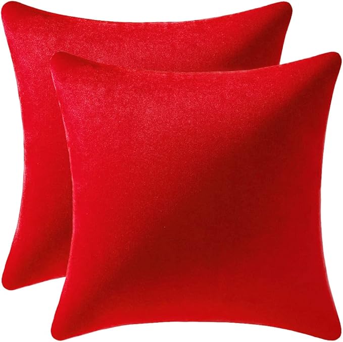 Throw Pillow Covers 16x16 Christmas Red: 2 Pack Cozy Soft Velvet Square Decorative Pillow Cases for Farmhouse Home Decor