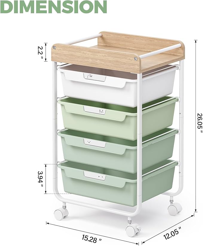 Rolling Storage Utility Cart With 4 Drawers,Kids Craft Art Cart,Makeup Organizer And Storage with Wooden Tabletop,Green