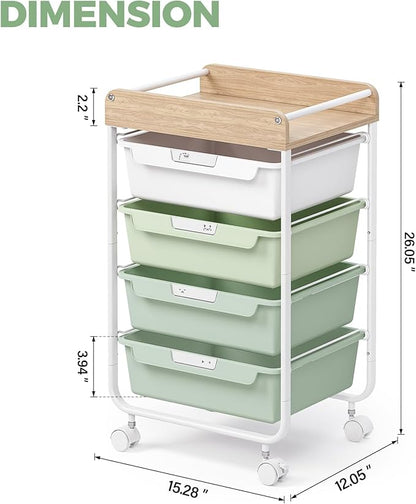 Rolling Storage Utility Cart With 4 Drawers,Kids Craft Art Cart,Makeup Organizer And Storage with Wooden Tabletop,Green