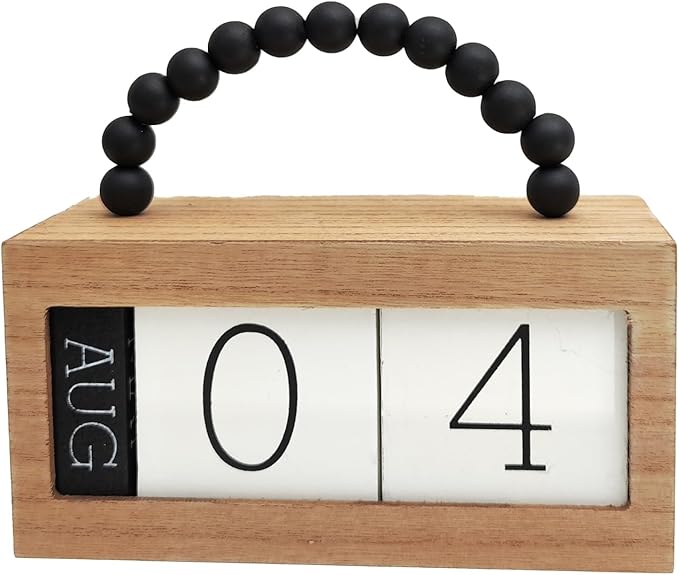 Wooden Perpetual Calendar for Desk, Metal Wood Month Date Display for Teachers, Students, Classroom, Rustic Farmhouse Office Decor, Desk Accessories (Black wood beads)
