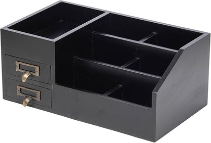 Distressed Rustic Wooden Office Desktop Organizer Wood Shelf Tabletop Home Organizer Storage with Multiple Compartments 2 Tier Drawers,perfect Jewelry storage Display Box for Desk, Vanity (Black)