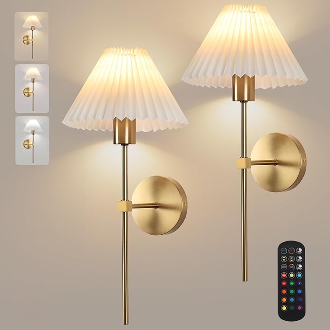 Wireless Wall Sconce Sets of 2, Pleated Shades Rechargeable Battery Operated Wall Sconce, Retro Industrial Gold Wall Lights Bathroom Vanity Sconces, Wall Mounted Lamps for Bedroom Living Room Kitchen