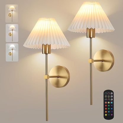 Wireless Wall Sconce Sets of 2, Pleated Shades Rechargeable Battery Operated Wall Sconce, Retro Industrial Gold Wall Lights Bathroom Vanity Sconces, Wall Mounted Lamps for Bedroom Living Room Kitchen