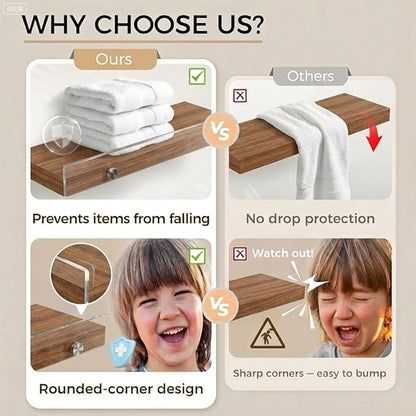 Wood Floating Shelves with Acrylic Front Lip, Rustic Shelf 15.7 inch, Floating Shelf for Wall Mounted Set of 3, Wide Wooden Wall Shelves for Living Room Bedroom Kitchen Bathroom, Brown, 15.7W x 5.8D
