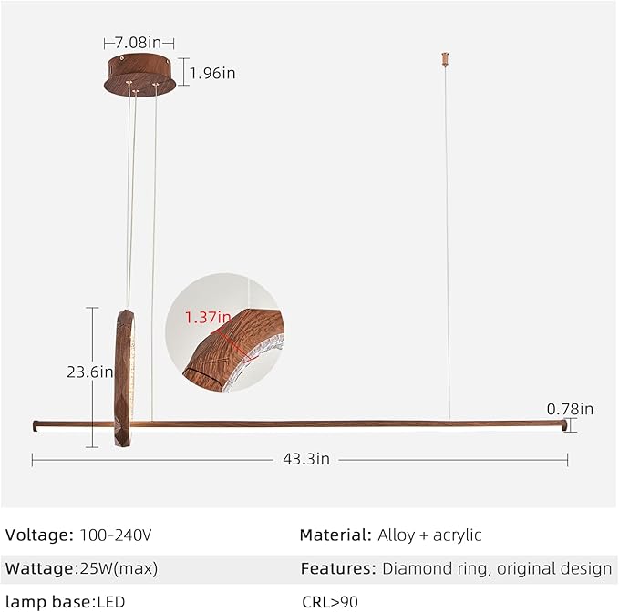 HEYAN 43" Farmhouse Pendant Light in Walnut Wood Finish, Light Fixtures Over Table，Single Multi-Faceted Metal Ring Long Linear Kitchen Island Lighting for Dining Room Table Coffee Bar Counter