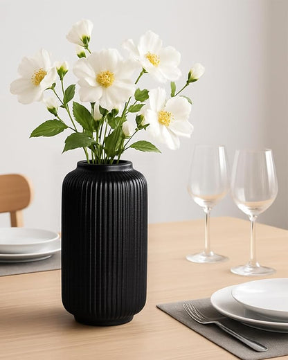 Matte Black Ceramic Flower Vase, 8 Inch Ribbed Vase for Pampas Grass, Fresh or Dried Flowers, Decorative Centerpiece for Living Room, Kitchen, Bookshelf, Office Decor