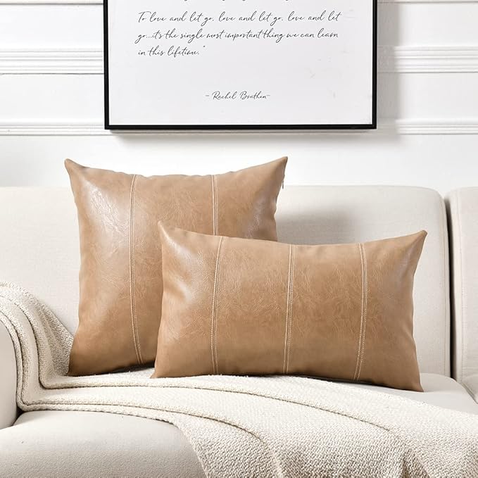 Fancy Homi Tan 26x26 Pillow Covers Set of 2, Euro Pillow Covers, Big Throw Pillow Covers for Couch Bed Bedroom Living Room, Taupe Faux Leather Hand Stitched Beige Square Cushion Case 66x66 cm