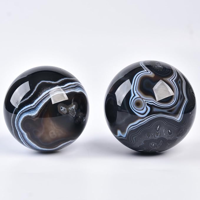 JIC Gem 3.1-3.5 inch(80-90mm) Large Black Onyx Agate Large Crystal Ball Round Healing Crystals Decorative Sphere with Wooden Stand Meditation Witchcraft Home Decor