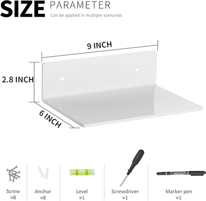 Hexsohoma 9 Inches White Floating Shelves, Acrylic Wall Shelves for Living Room, Bedroom, Bathroom, Kitchen, Office, Brand Store, Retails, Gaming Room, 4 Pack