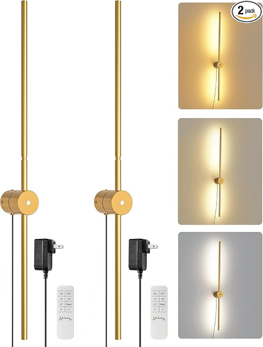 33" Wall Sconces Set of 2 with Remote Control, Dimming & 3 Color Temperatures, Plug-in Gold Wall Lights for Bedroom, Living Room, Adjustable Brightness & Rotatable Lamp Post, D09YBP205