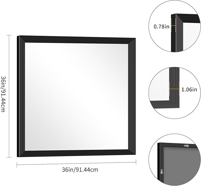 Black Bathroom Mirror 36 x 36 Inch Rectangle Wave Beveled Frame for Wall Bathroom Vanity Mirror for Over Sink, Tempered Glass,for Entryway Hangs, Bathroom Living Room Horizontal or Vertical