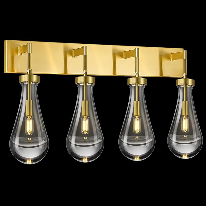 Raindrop Wall Sconces Gold Crystal Sconces Wall Decor Modern Lighting Glass Bathroom Sconces Indoor Vanity Light Wall Lamp for Bedroom Living Room Stair(4-Light)