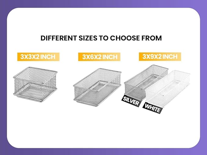 YBM HOME Silver Mesh Drawer Cabinet and or Shelf Organizer Bins, School Supply Holder Office Desktop Organizer Basket (12, 3x9x2 Inch)