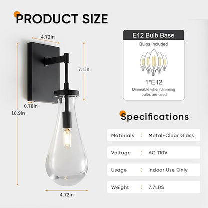 17" L Wall Sconces,Black Wall Lights Fixtures Bathroom Vanity Light Morden Wall Sconce Raindrop Wall Lamps for Living Room,Bedroom,Hallway,Stairs,Indoor