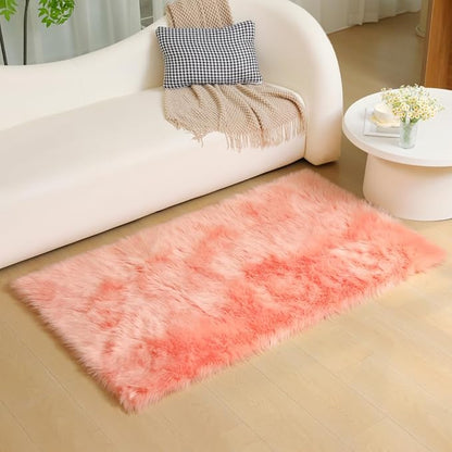 Fluffy Faux Fur Rug Pink Sheepskin Area Rug,3x5 Ft Ultra Soft Shaggy Plush Rug for Bedroom Bedside Living Room Nursery Kids Room