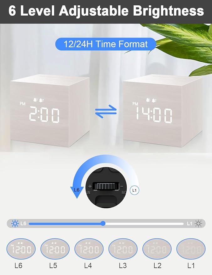 Digital Alarm Clock, with Wooden Electronic LED Time Display, 3 Alarm, 2.5-inch Cubic Small Mini Wood Made Electric Clocks for Bedroom, Bedside, Desk, White