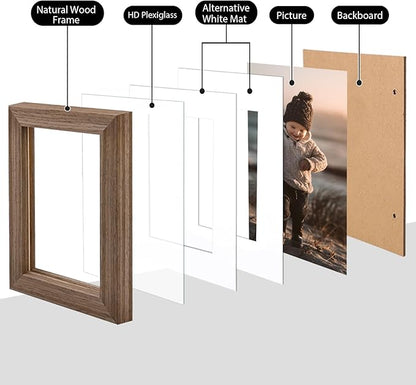 KINLINK 5x7 Picture Frame Brown Wood, Solid Wood Frames with Acrylic Plexiglass for 3.5x5/4x6 with Mat or 5x7 without Mat, Tabletop and Wall Display Photo Frame, Set of 4