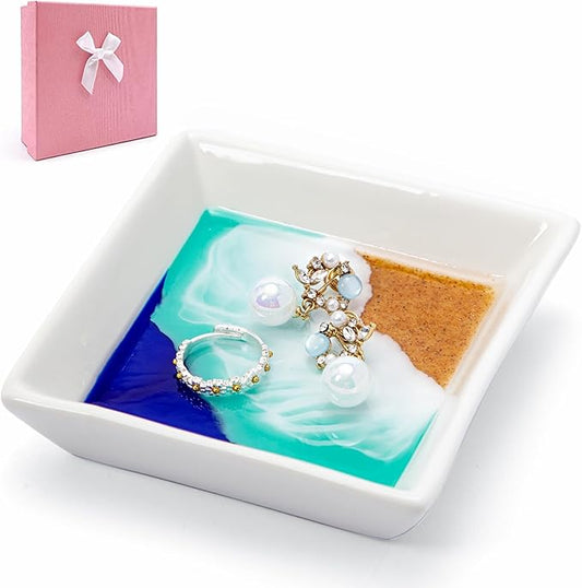 Ocean Jewelry Tray Beach Dish Ceramic Resin Trinket Dish Jewellery Plate Engagement Wedding Ring Holder Necklace Ear Ring Storage Ocean Art Gift for Women Christmas Housewarming Present
