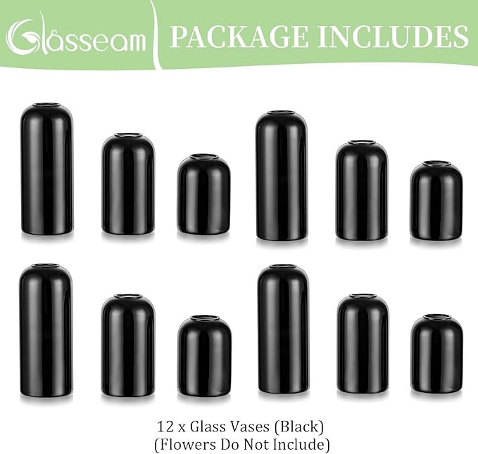 Glasseam Black Vases Set of 12, Unique Glass Vases for Decor, Cute Small Bud Vases in Bulk, Aesthetic Modern Vase for Flowers, Minimalist Single Flower Decorative Vases for Living Room Decorations