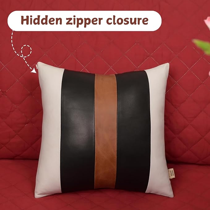 Genuine Lambskin Leather Pillow Cover, 18x18 Inch Case for Lumbar Throw Couch Pillows, Thick & Soft Cushion Covers for Sofa Bed Home Décor (White Black & Tan Pack of 2)
