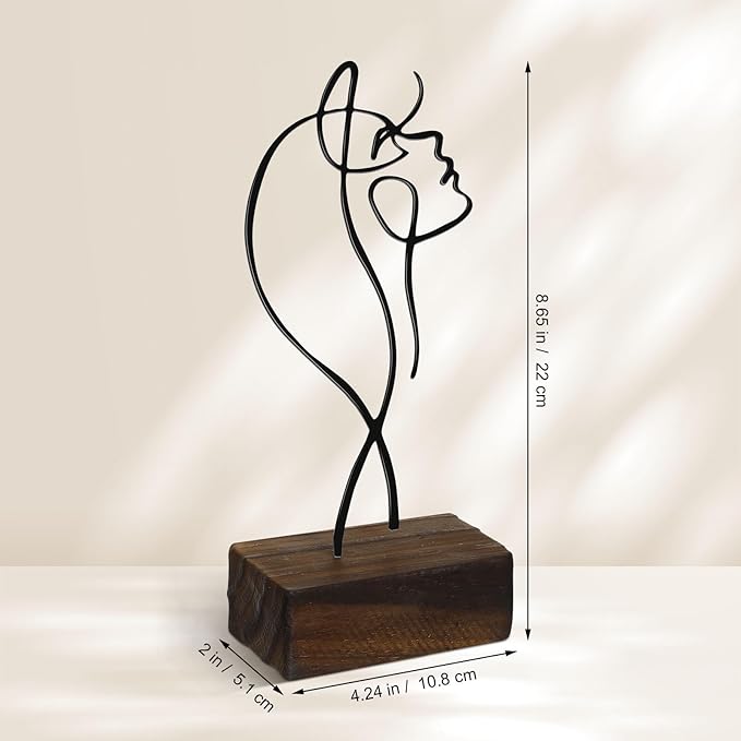 Amosfun Black Wrought Iron Female Line Sculpture with Wooden Base 8.66X4.25X2 Inch Minimalist Modern Character Art Ornament for Home and Office Desk D Cor