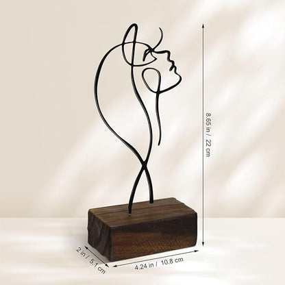 Amosfun Black Wrought Iron Female Line Sculpture with Wooden Base 8.66X4.25X2 Inch Minimalist Modern Character Art Ornament for Home and Office Desk D Cor