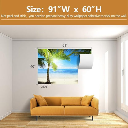 Coastal Wallpaper Tropical Palm Tree Beach Landscape Wall Mural for Living Room Bedroom（Not Peel and Stick）