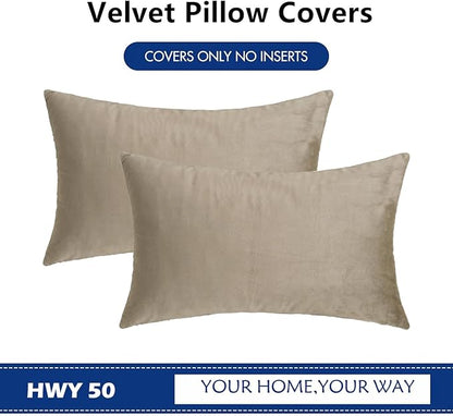 HWY 50 Taupe Velvet Rectangular Throw Pillow Covers 12x20 Inch, Pack of 2 Soft Cozy Solid Decorative Luxury Cushion Cases for Couch Sofa Bed Living Room Bedroom