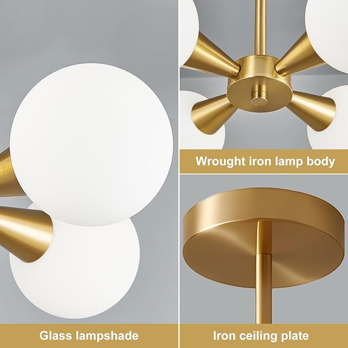 Radiya Modern Brushed Brass Gold Ceiling Light with White Spherical Milk Glass Lampshade, Semi Embedded Ceiling Light Fixture for Living Room Bedroom Dining Room LobbyFoyer Hallway (6 Lights)