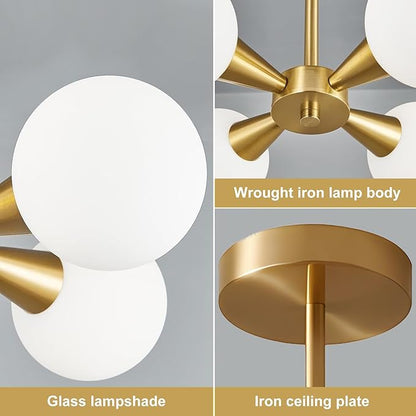 Radiya Modern Brushed Brass Gold Ceiling Light with White Spherical Milk Glass Lampshade, Semi Embedded Ceiling Light Fixture for Living Room Bedroom Dining Room LobbyFoyer Hallway (6 Lights)