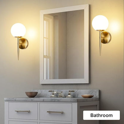 Modern Gold Globe Wall Sconce Decor Set of 2, Industrial Mid Century Bathroom Vanity Wall Light with White Globe Glass Shade Brushed Brass Wall Lamp for Restaurant Living Room Bedside Stairs