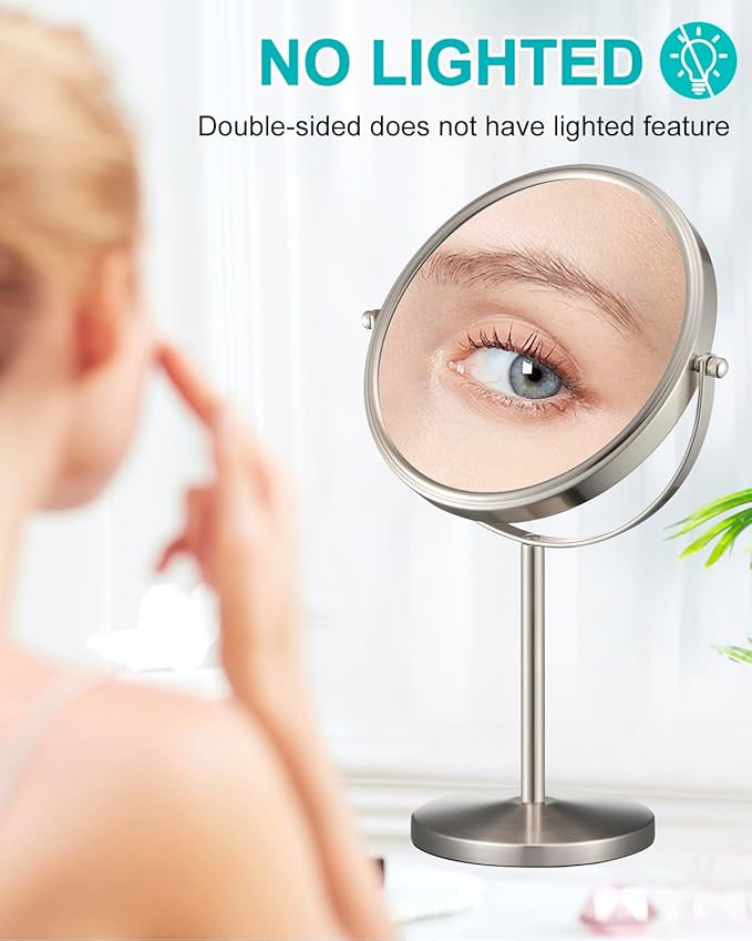 ALHAKIN 1X/15X Magnifying Makeup Mirror, Double Sided Mirror with Stand, Tabletop Desk Mirror 360°Rotation for Bathroom, Nickel