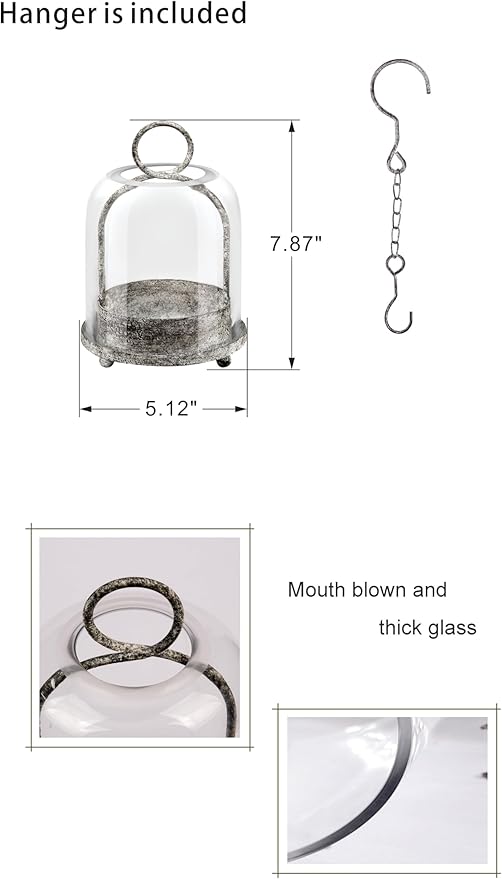 5"x7.5" Versatile Modern Metal Hurricane Lantern with Handmade Sturdy Glass Dome in Rustic Black for 3" Pillar Candle & Plants, Industrial, Farmhouse, Shabby Chic