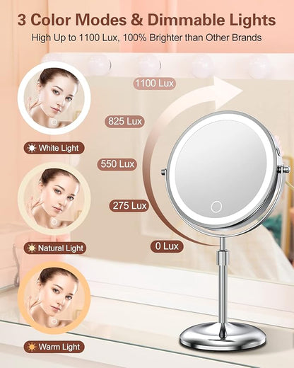 Benbilry Lighted Makeup Mirror with Magnification 10X & 3 Color Lights, Adjustable Brightness & Height, 7 Inch 360° Swivel Rechargeable LED Magnifying Make Up Vanity Mirror with Lighting (Silver)