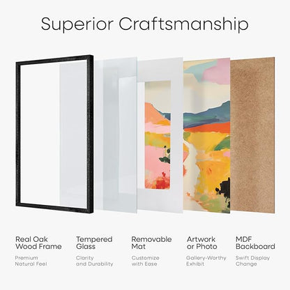 Homeforia 20x28 Black Wood Frame, High End Oak 20x28 Wooden Picture Frames with Mat 14x22 Photo, 20 x 28 Poster Frame Matted to 14 by 22 Print, 28x20 Hanging Frames, Tempered Glass, Wall Kit, Set of 3