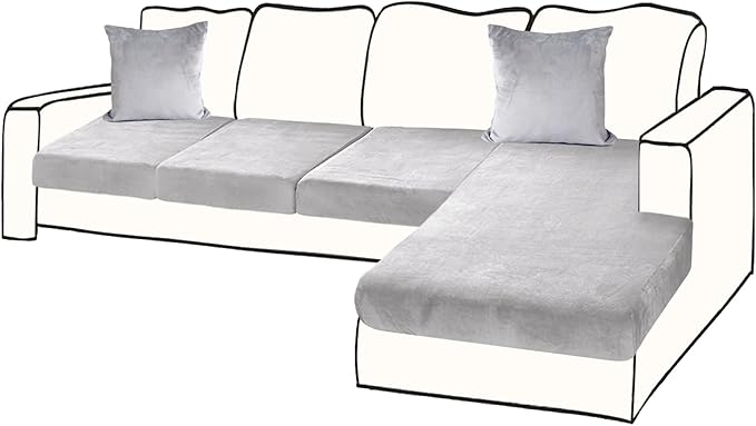 Sectional Couch Covers for 4-Piece Seat Cushion Velvet Separate L Shape Couch Cover Stretch Sofa Slipcover with 2 Pieces Pillowcases Furniture Protector (Sofa 3 Seater + 1 Chaise, Light Grey)