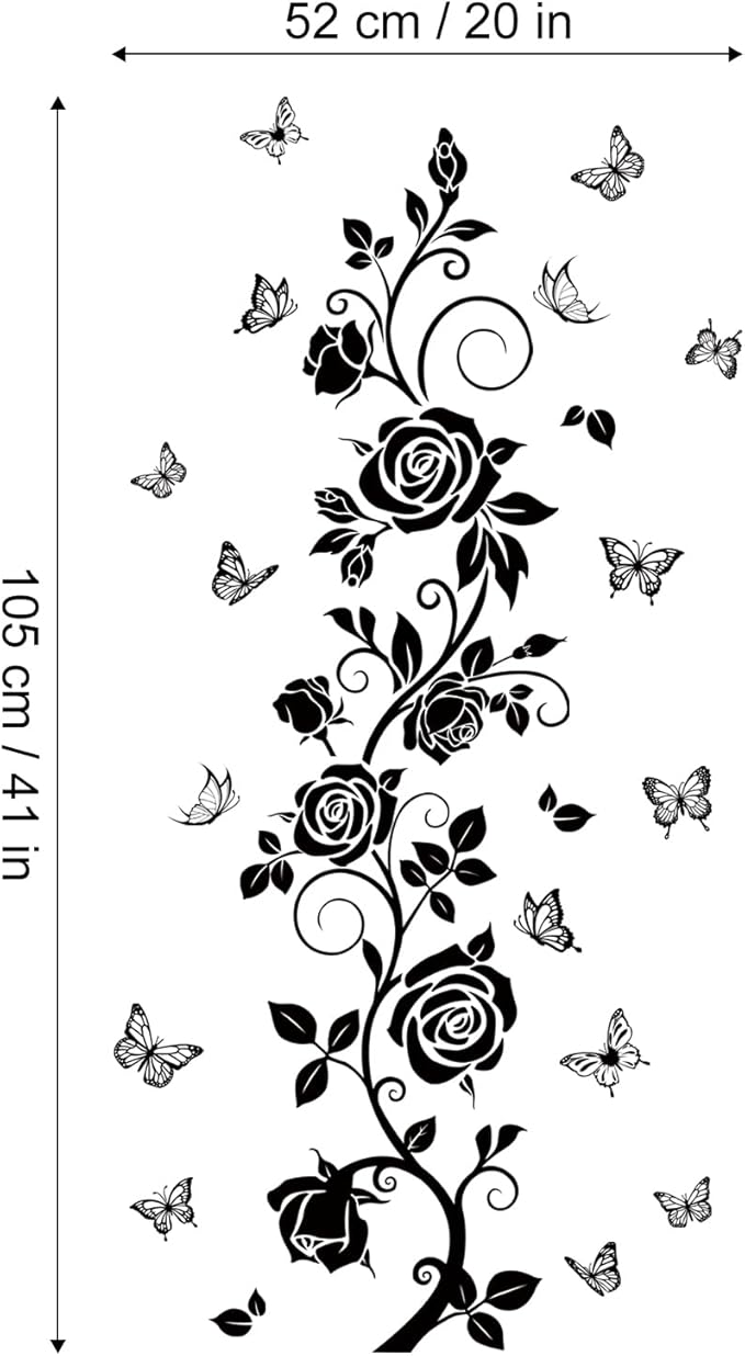 Flower Vine Decals Flying Butterfly Black Floral Wall Stickers Removable Wall Art Decor for Living Room Bedroom
