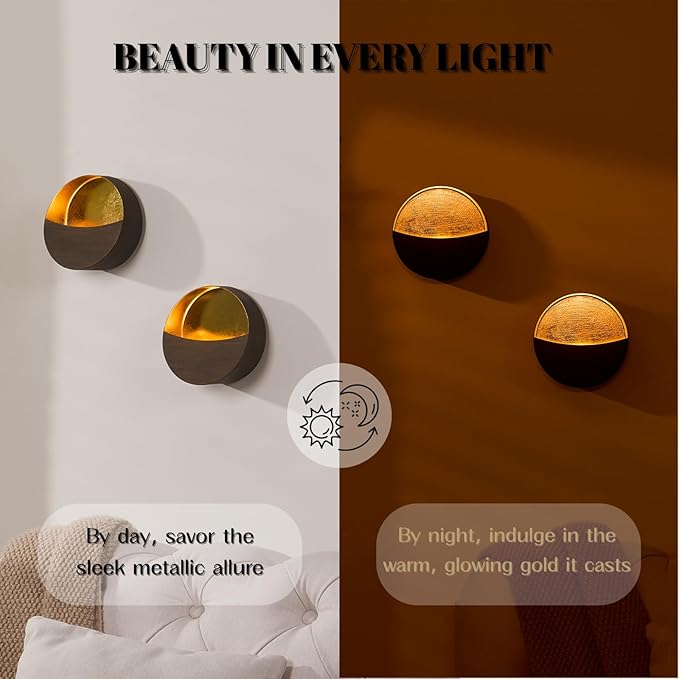 Eclipse Wall Candle Holder Set of 2, Metal Candle Sconces with Brushed Wood Grain and Gold Interior, Christmas Wall Decor for Living Room, Bedroom, and Modern Farmhouse
