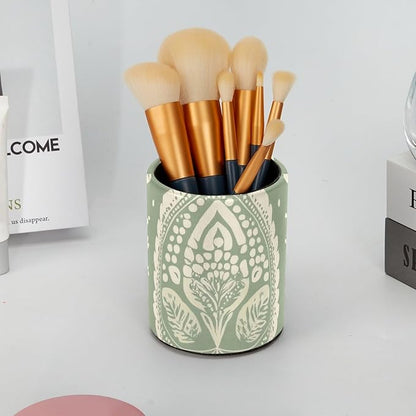 Sage Green Flowers Leaves and Dots Pattern Pen Pencil Holder for Desk, Pen Pencil Cup Table Stationery Organizer Makeup Brush Holder for School Home Office Supplies