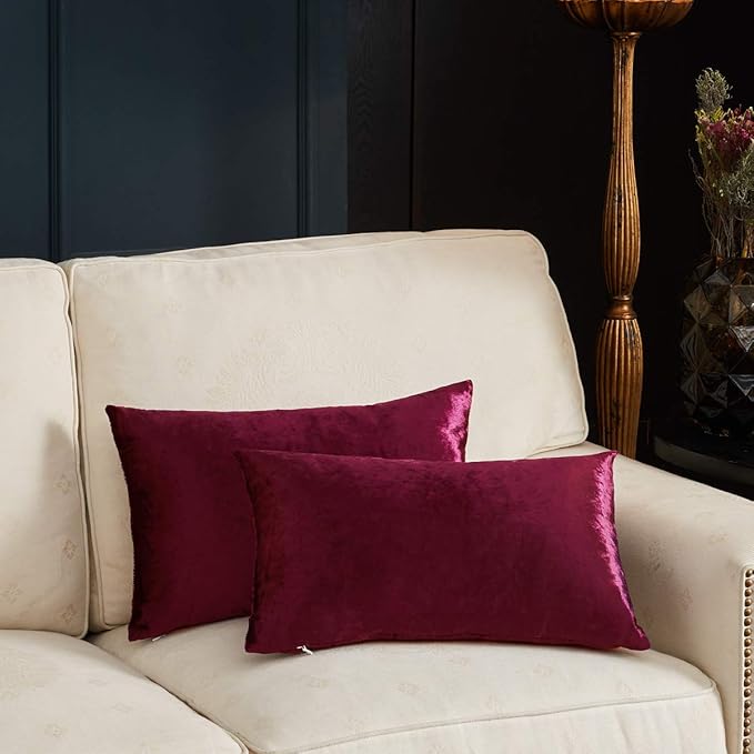 GIGIZAZA Burgundy Velvet Pillow Covers: Pack of 2 Lumbar Throw Pillows Soft Solid Covers - Decorative 12x20 Couch Small Cushion Covers Used for Chrismas Room Decor,Living Room,Bedroom
