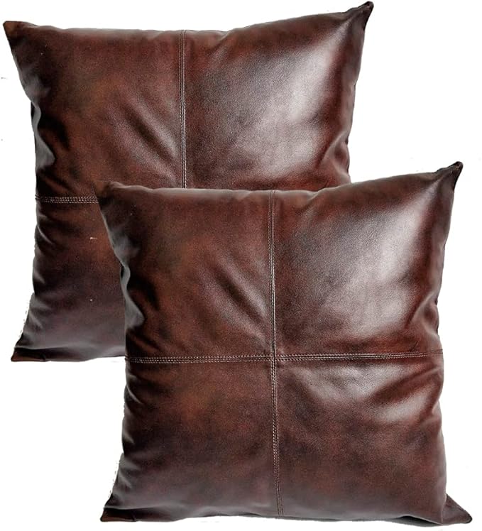 LL LEATHER LOVERS Lambskin Leather Pillow Cover - Sofa Cushion Case - Decorative Throw Covers for Living Room & Bedroom, 14x14 Inches - Dark Brown Pack of 2