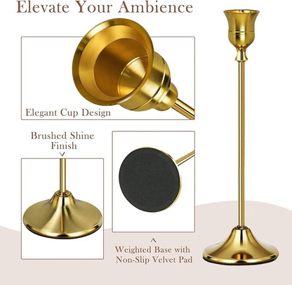 Gold Candlestick Holders Set of 6, Weighted, Metal Taper Candle Stick Holders, Vintage Christmas Brass Home Decor for Table, Mantel, Room Decorations Housewarming Gift Gold-6