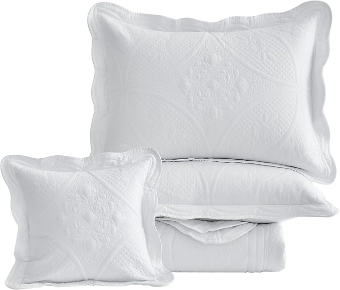 Oversized Bedspread - Queen Size Bedding Cover - Modern & Contemporary Coverlet Set, Real Stitching, Reversible, Lightweight, 5 Piece, White