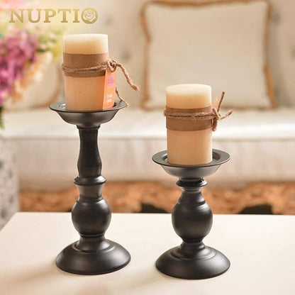 Nuptio Black Candle Holder for Pillar Candles - 2 Pcs Rustic Candle Holders Set Metal Candle Stand Tall Retro Fall Pillar Candleholder for Halloween Easter Farmhouse Fireplace Home Table Centerpiece