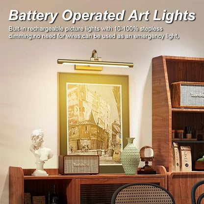 Aipsun 15.7" Brass Picture Lights for Wall Rechargeable,10000mAh Battery Operated Art Light for Paintings,3CCT Dimmable, Rotatable Gallery Light for Pictures Display