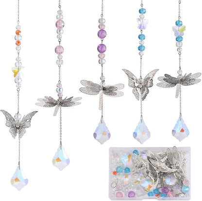SUNNYCLUE 1 Box DIY 5 Sets Garden Suncatchers Rainbow Maker Suncatcher Prism Glass Crystal Beads Colorful Sun Catchers Making Kit Filigree Metal Butterfly Dragonfly Linking Charms for Window Door