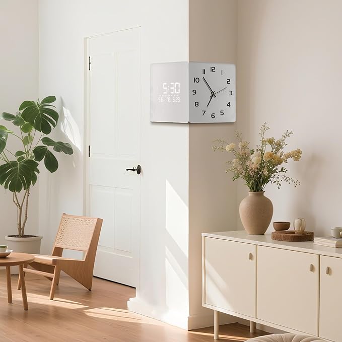 Electric Digital Corner Wall Clock Large Display Temperature 12/24H White Smart Clocks Silent Analog Battery Operated Square Modern Clock with Night Light for Living Room Kitchen Decor 12 Inch