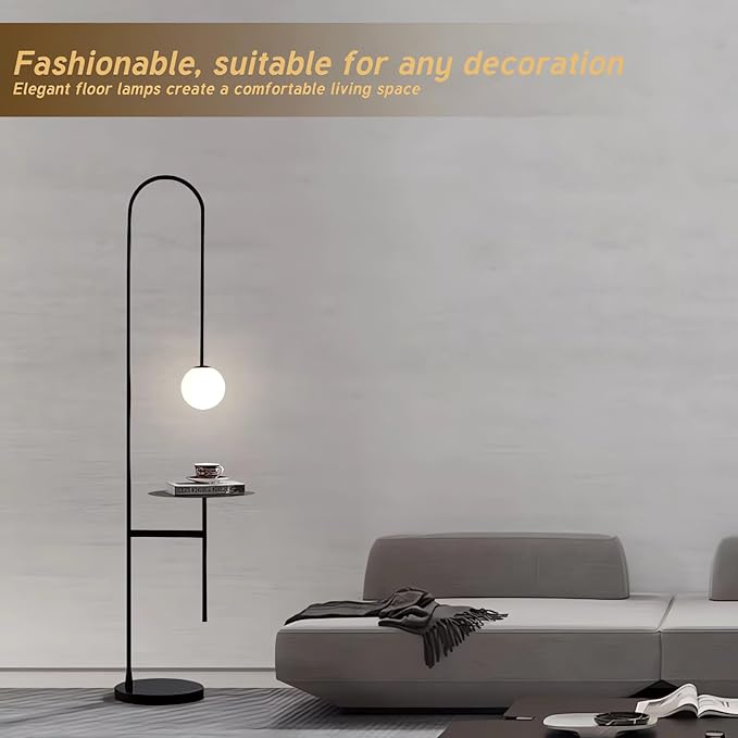 Arched Floor Lamp Modern Nordic Style with Glass Shade and Shelves Geometric Ball LED Lighting for Living Room Bedroom