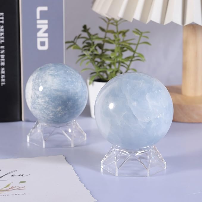 Natural Blue Celestite Crystal Ball with Acrylic Display Base, 61-70mm Polished Stone Feng Shui Crystal Sphere Meditation Decoration for Home & Office
