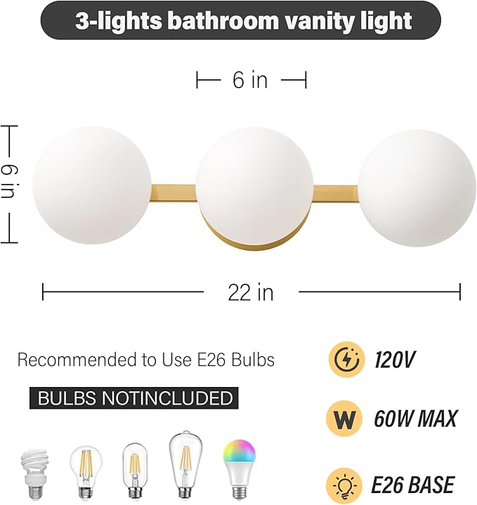 Bathroom Vanity Mirror Light Fixtures: 3 Lights Bath Wall Sconce Lighting - Brass Gold Vanity Lights with Milk Glass Shade - Modern Minimalist Makeup Light Fixture Above Mirror for Hallway E26 Base